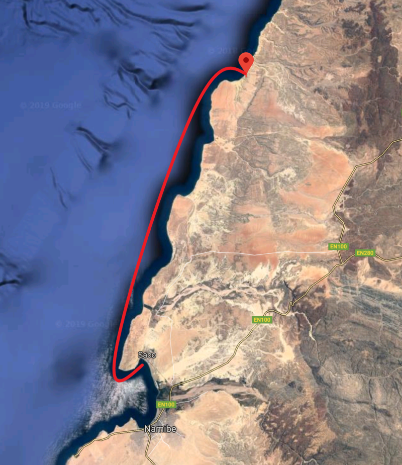 8hr Tow from Namibe to Baba.  Image courtesy of Googlemaps.